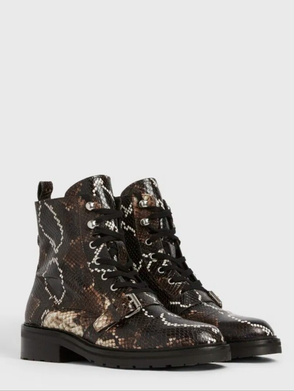 AllSaints Donita Snake Print Leather Combat Boots, Like New, Sz 39 US 8